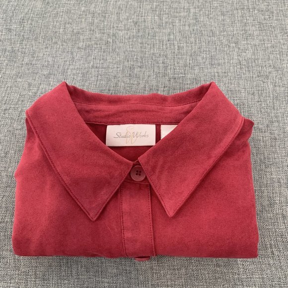Studio Works Women's Red Button Down Blouse Suede Material Medium 100% Polyester - Picture 12 of 15